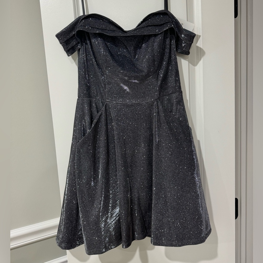 City Studio Black Shimmer Off Shoulder Dress